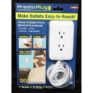 Presto Plug Outlet Extender 4' Cord 2 USB Ports Peel & Stick Surge Protection